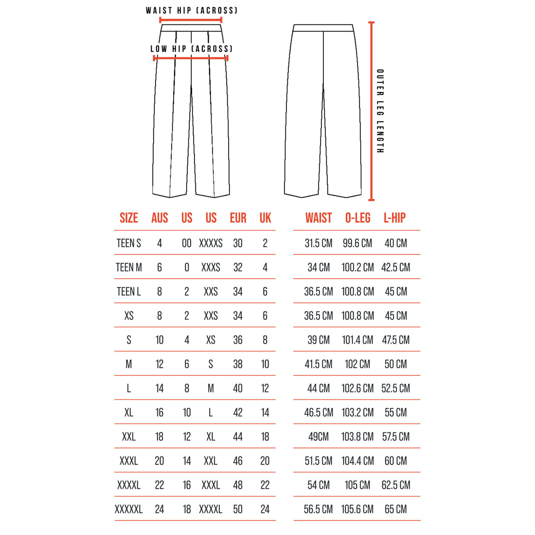 Size chart  Size chart Chart Pants design